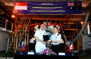 RAN's Chief of Navy Vice-Admiral Ray Griggs (left) and RSN's Chief of Navy Rear-Admiral Ng Chee Peng (right) at the signing the Submarine Rescue Arrangement on board the RSN’s submarine rescue and support vessel, MV Swift Rescue.